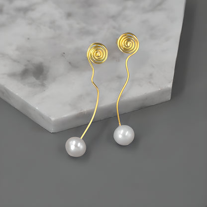 Geometric Curved Pearl Earrings S925 Sterling Silver