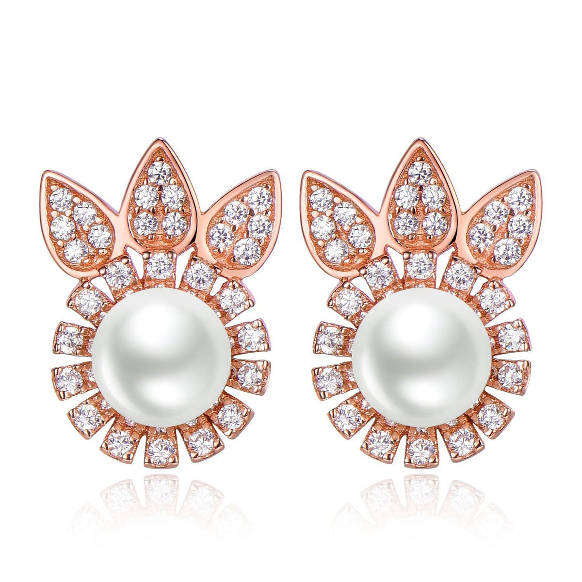 S925 Sterling Silver Floral Pearl Stud Earrings Rose Gold Minimalist