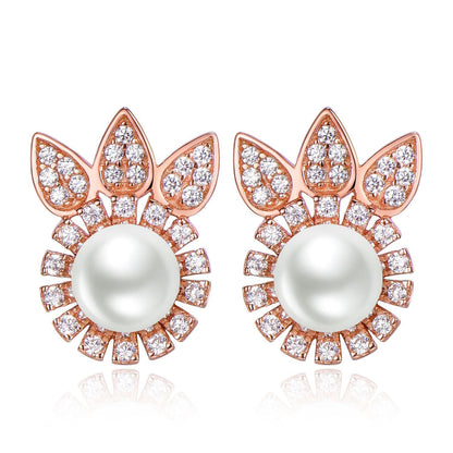 S925 Sterling Silver Floral Pearl Stud Earrings Rose Gold Minimalist