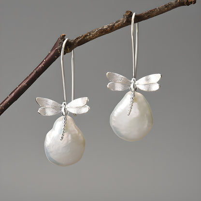 S925 Sterling Silver Detachable Dragonfly Baroque Earrings