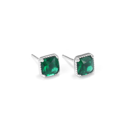 Square Cubic Zirconia Emerald Green Stud Earrings