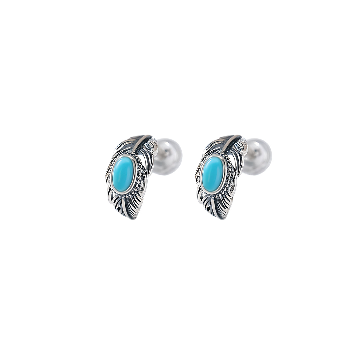 Turquoise S925 Sterling Silver Feather Oval Egg Shape Vintage Bohemian Clip-on Earrings