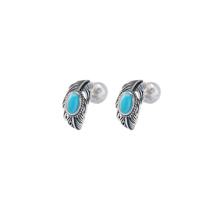 Turquoise S925 Sterling Silver Feather Oval Egg Shape Vintage Bohemian Clip-on Earrings