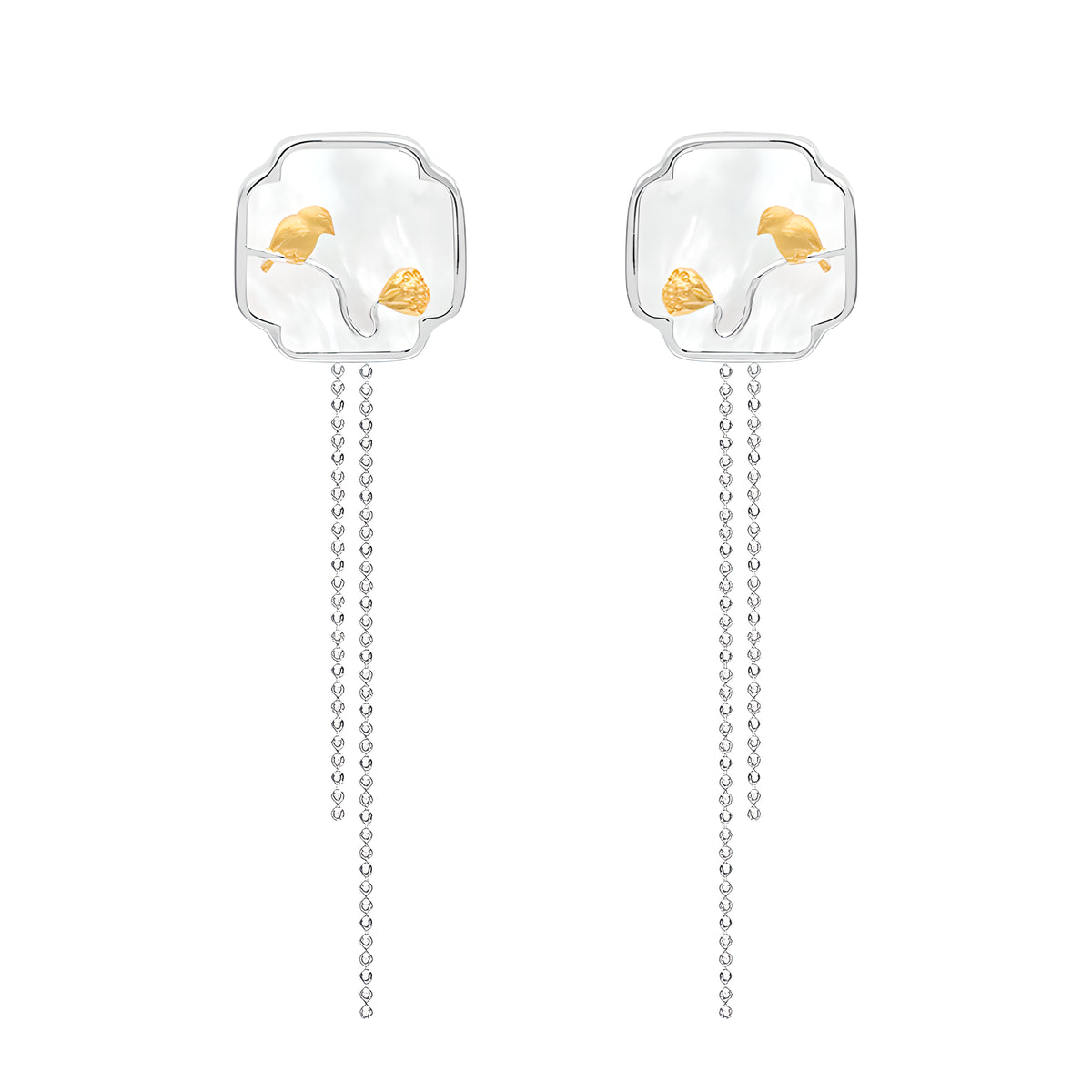 Vintage Bird & Lotus Tassel Earrings with White Shell in S925 Sterling Silver