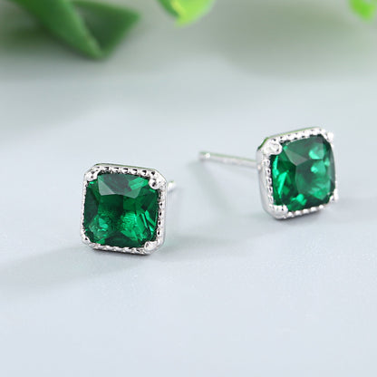 Square Cubic Zirconia Emerald Green Stud Earrings