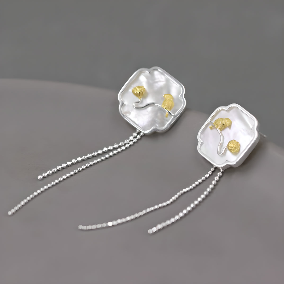 Vintage Bird & Lotus Tassel Earrings with White Shell in S925 Sterling Silver