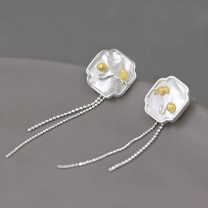Vintage Bird & Lotus Tassel Earrings with White Shell in S925 Sterling Silver