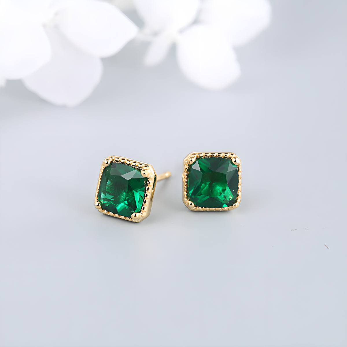 Square Cubic Zirconia Emerald Green Stud Earrings
