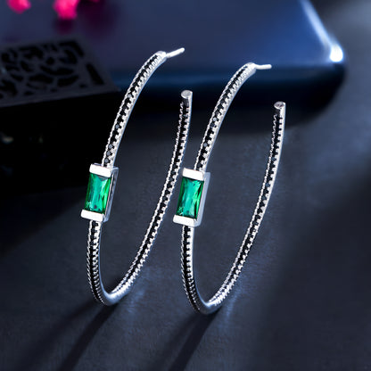 Emerald Gemstone Diamond Large Hoop Earrings S925 Silver Post