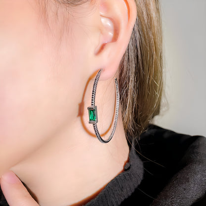 Emerald Gemstone Diamond Large Hoop Earrings S925 Silver Post