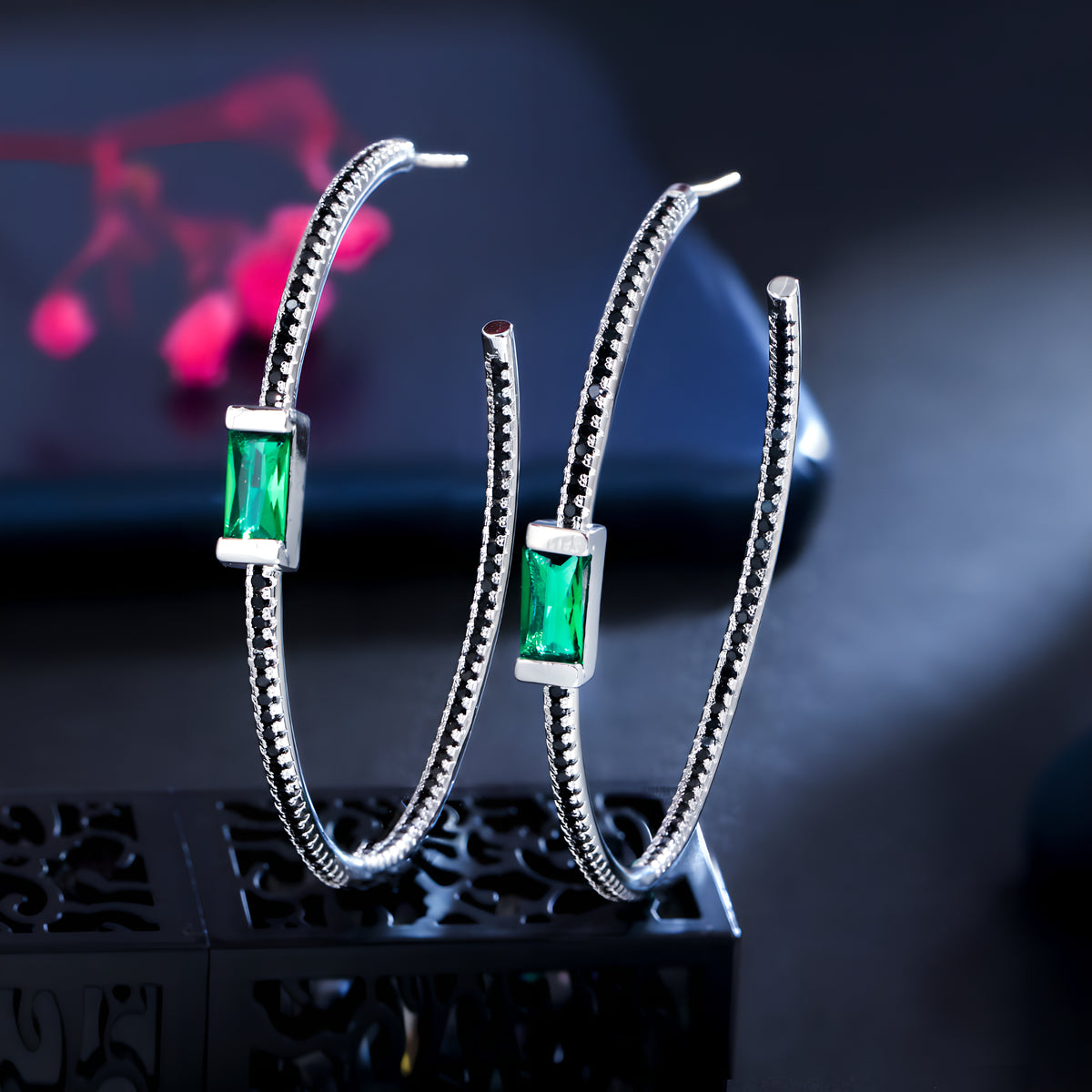 Emerald Gemstone Diamond Large Hoop Earrings S925 Silver Post