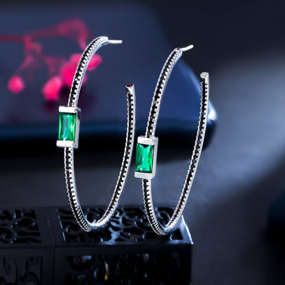 Emerald Gemstone Diamond Large Hoop Earrings S925 Silver Post