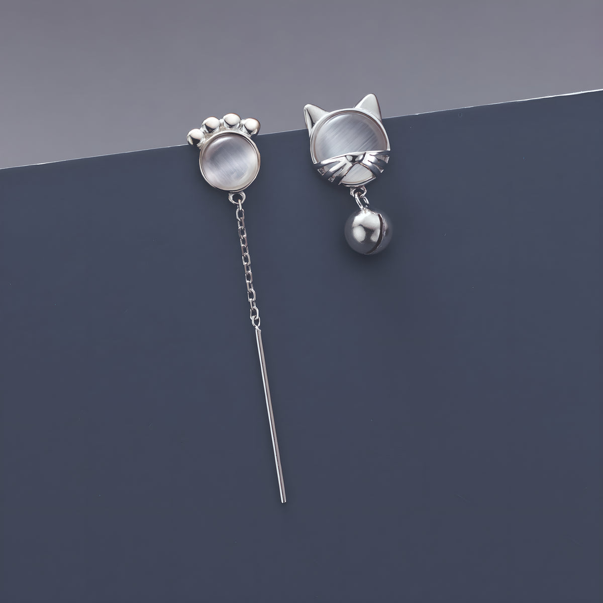 S925 Silver Asymmetric Moonstone Cat Paw Bell Stud Earrings