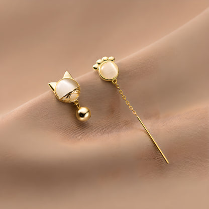 S925 Silver Asymmetric Moonstone Cat Paw Bell Stud Earrings