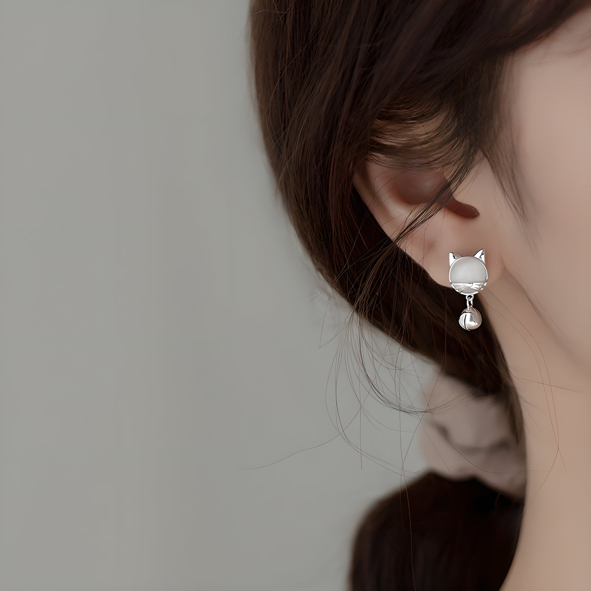 S925 Silver Asymmetric Moonstone Cat Paw Bell Stud Earrings
