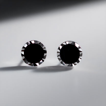 S925 Silver Carved Edge Round Synthetic Black Onyx Stud Earrings