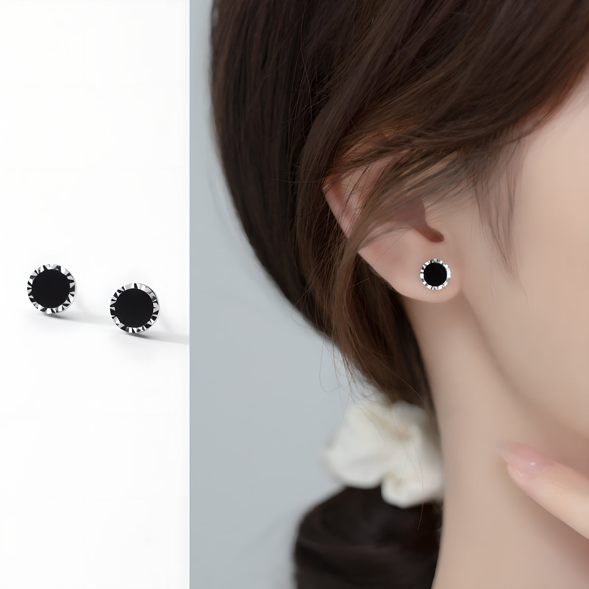 S925 Silver Carved Edge Round Synthetic Black Onyx Stud Earrings
