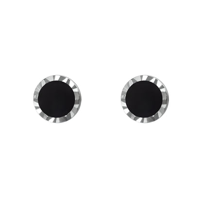 S925 Silver Carved Edge Round Synthetic Black Onyx Stud Earrings