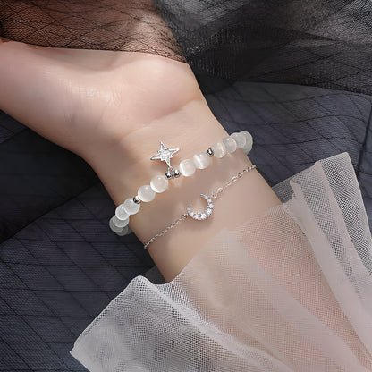 S925 Silver Cat's Eye Stone Star Moon Stretch Bracelet