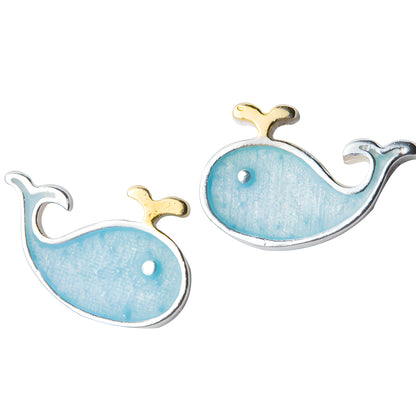 S925 Silver Cute Little Whale Stud Earrings Blue Ocean Fish Design
