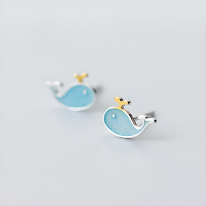 S925 Silver Cute Little Whale Stud Earrings Blue Ocean Fish Design
