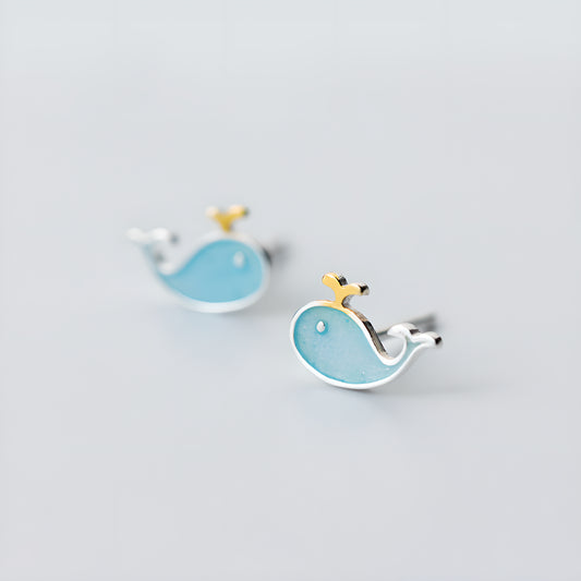 S925 Silver Cute Little Whale Stud Earrings Blue Ocean Fish Design