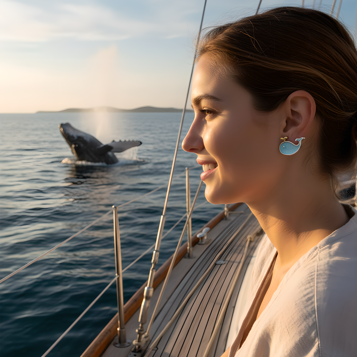 S925 Silver Cute Little Whale Stud Earrings Blue Ocean Fish Design