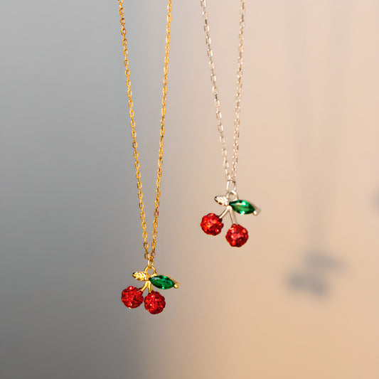 S925 Silver Fresh Sweet Cherry Necklace Forest Simple Rhinestone Collarbone Chain