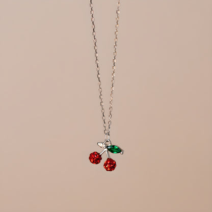 S925 Silver Fresh Sweet Cherry Necklace Forest Simple Rhinestone Collarbone Chain
