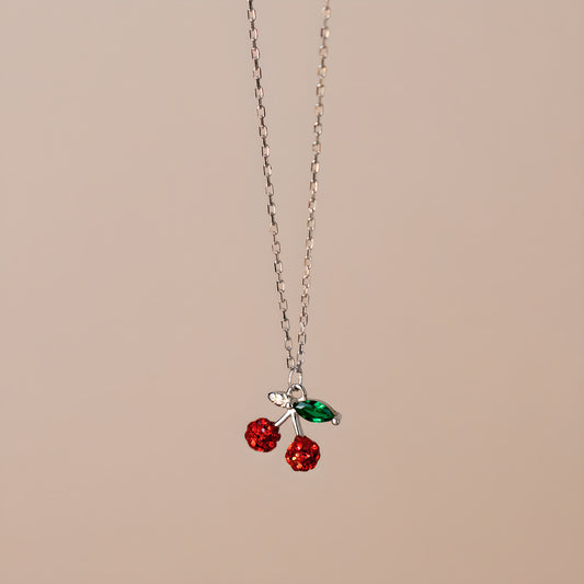 S925 Silver Fresh Sweet Cherry Necklace Forest Simple Rhinestone Collarbone Chain