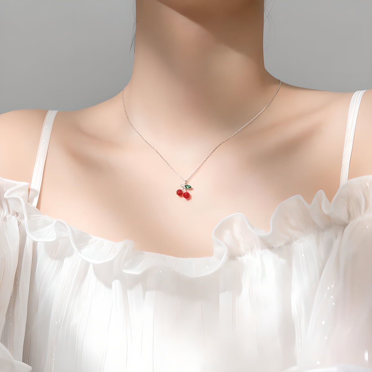 S925 Silver Fresh Sweet Cherry Necklace Forest Simple Rhinestone Collarbone Chain