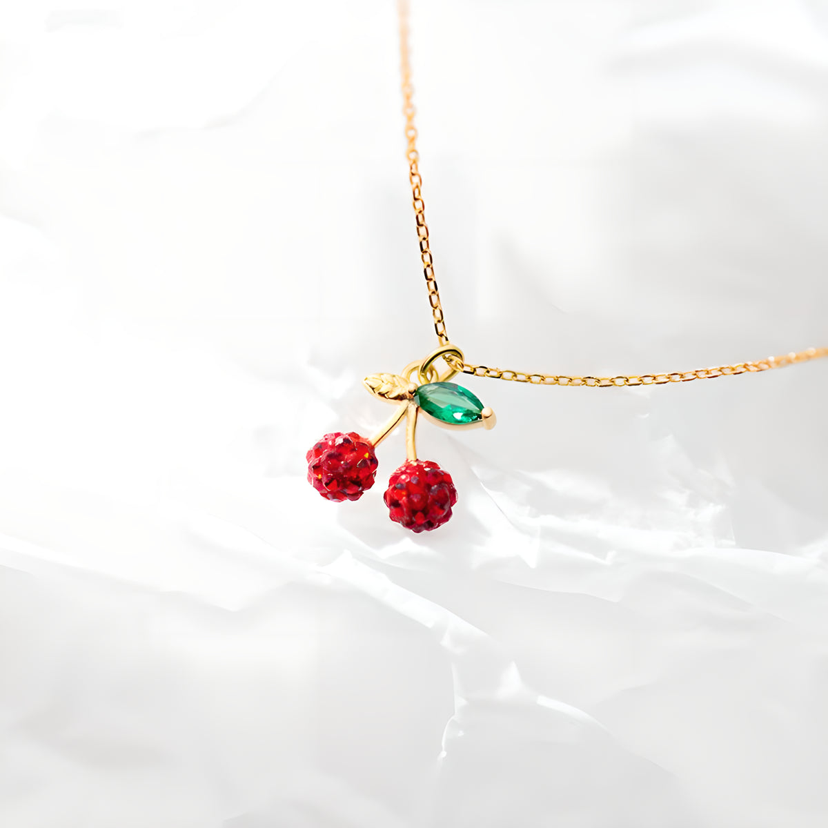 S925 Silver Fresh Sweet Cherry Necklace Forest Simple Rhinestone Collarbone Chain