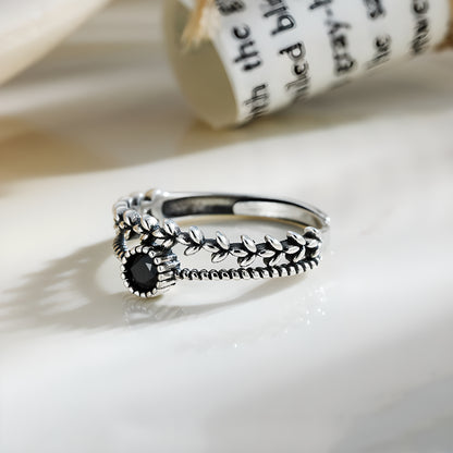 S925 Silver Leaf Ring with Black Diamond Inlays Double Layer Design