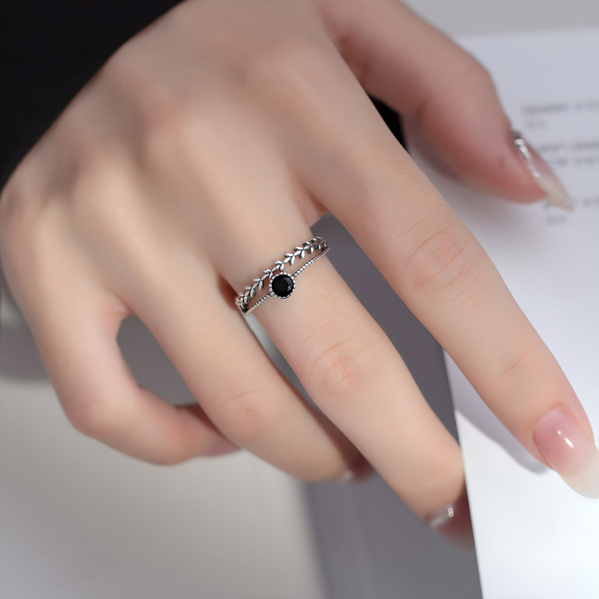 S925 Silver Leaf Ring with Black Diamond Inlays Double Layer Design