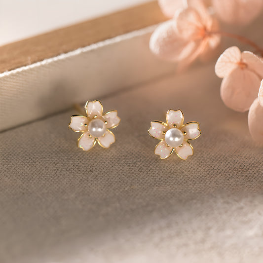 S925 Silver Light Pink Cherry Blossom Beaded Stud Earrings