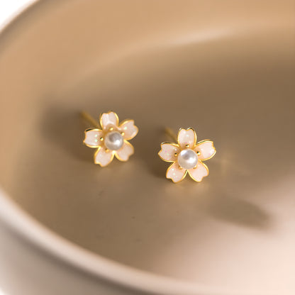 S925 Silver Light Pink Cherry Blossom Beaded Stud Earrings