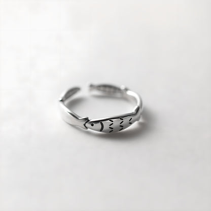 S925 Silver Little Fish Adjustable Open Ring Korean Style