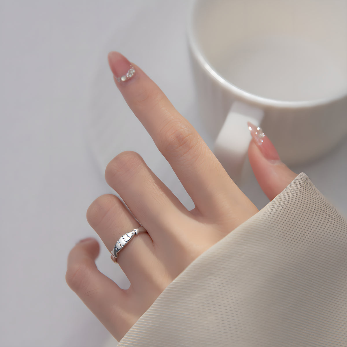 S925 Silver Little Fish Adjustable Open Ring Korean Style