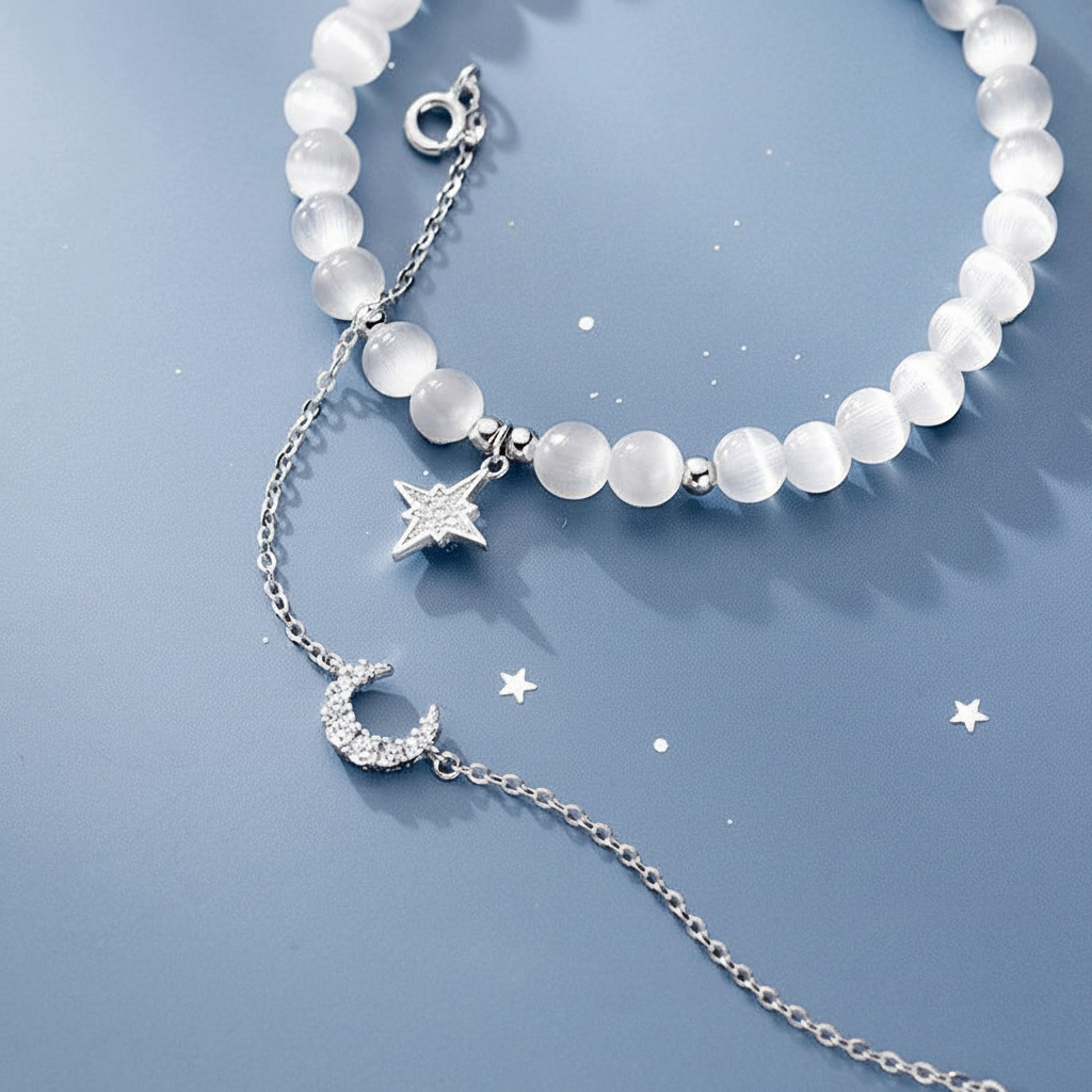 S925 Silver Moonstone Star Moon Stretch Bracelet