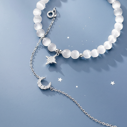 S925 Silver Moonstone Star Moon Stretch Bracelet