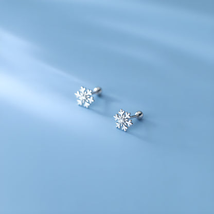 S925 Silver Snowflake Screw Back Stud Earrings with Single Zircon