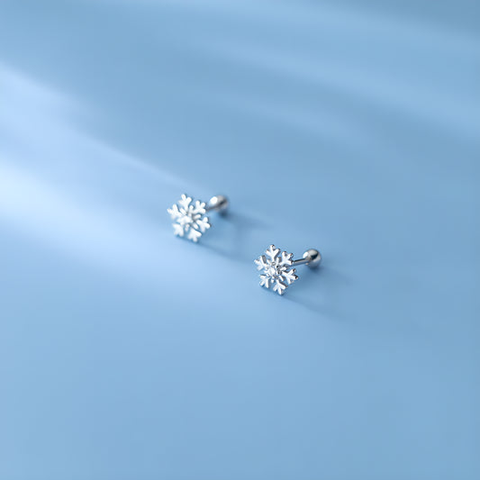 S925 Silver Snowflake Screw Back Stud Earrings with Single Zircon