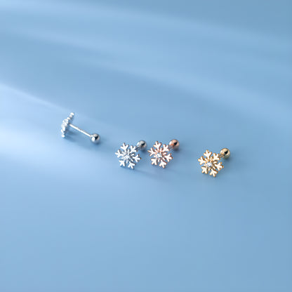 S925 Silver Snowflake Screw Back Stud Earrings with Single Zircon