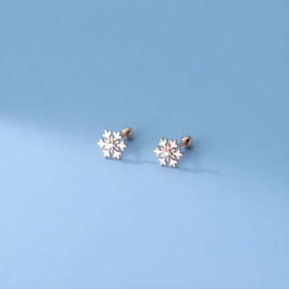 S925 Silver Snowflake Screw Back Stud Earrings with Single Zircon