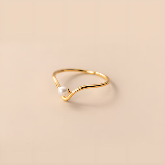 S925 Silver V-Shape Synthetic Pearl Ring Women's Adjustable