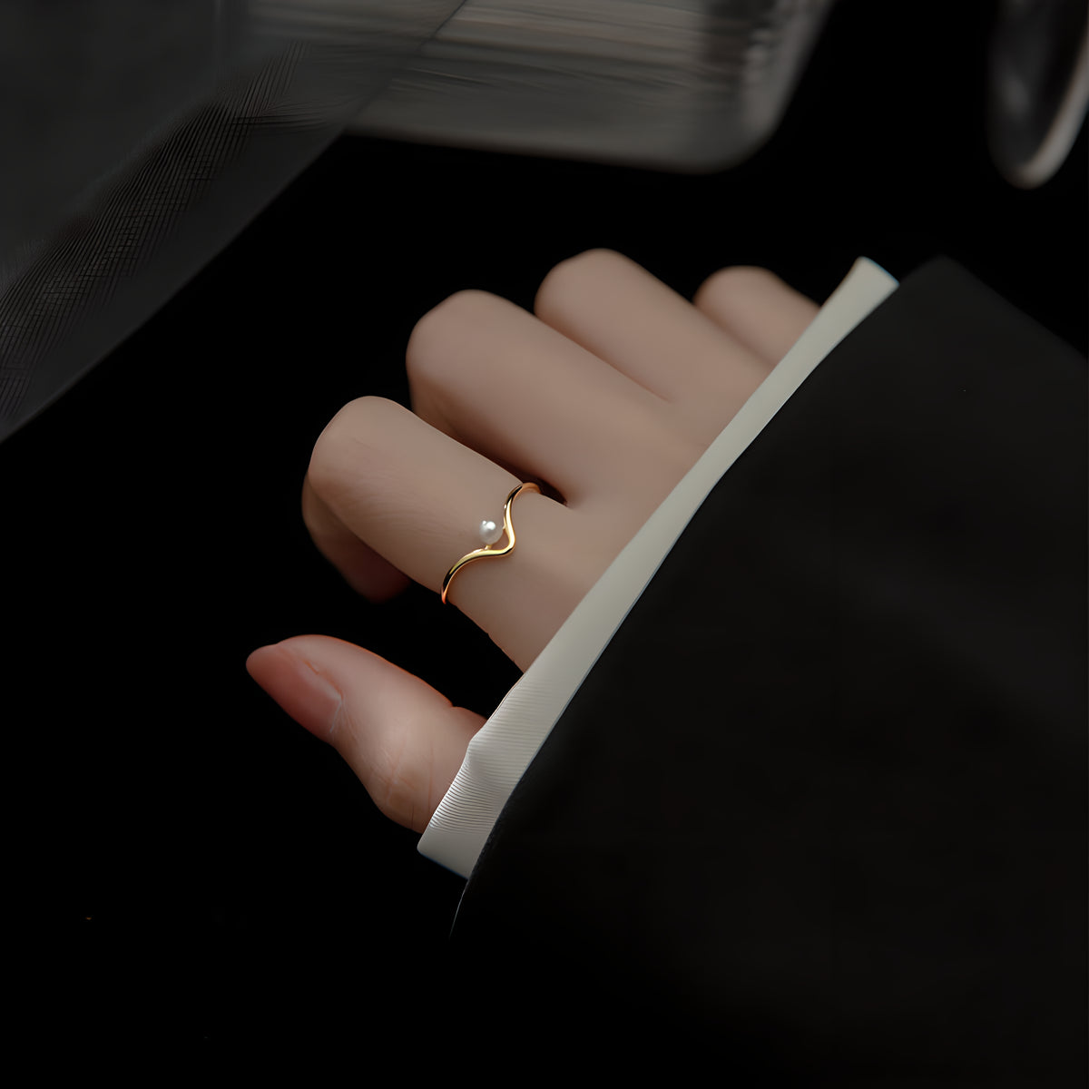 S925 Silver V-Shape Synthetic Pearl Ring Women's Adjustable