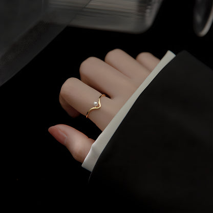 S925 Silver V-Shape Synthetic Pearl Ring Women's Adjustable