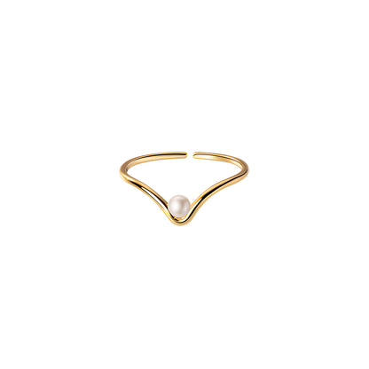 S925 Silver V-Shape Synthetic Pearl Ring Women's Adjustable