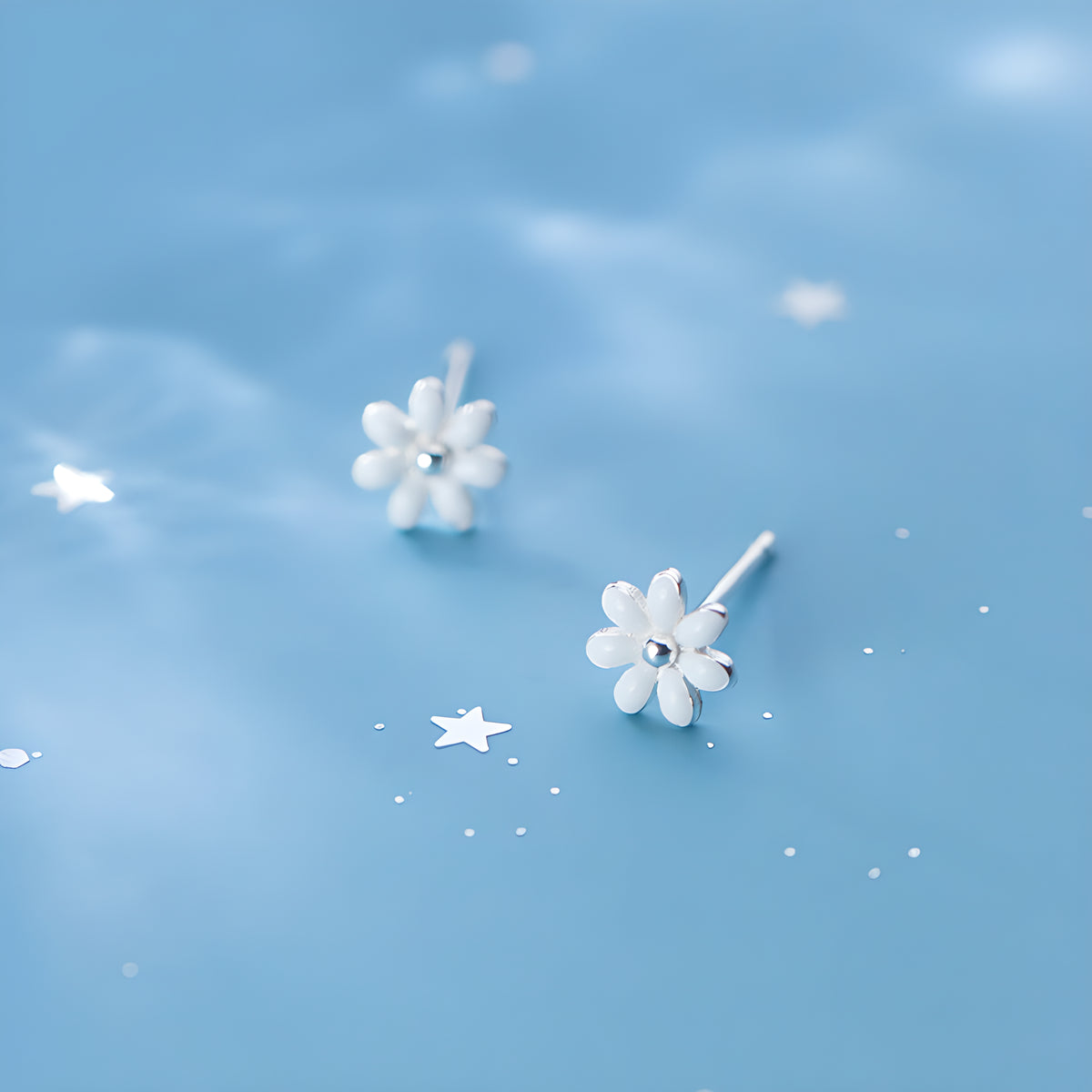 S925 Silver White Flower Stud Earrings Korean Fresh Sweet