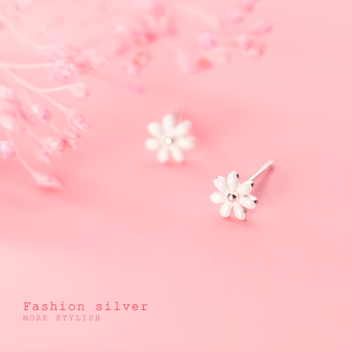 S925 Silver White Flower Stud Earrings Korean Fresh Sweet